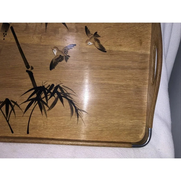 Vintage Japanese Bamboo Serving Tray Hand Painted Birds Mid Century Oriental - Picture 4 of 7